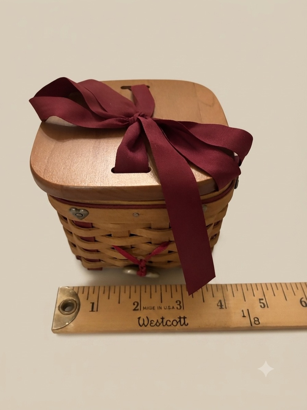 Longaberger Small Valentine Woven Basket with Burgundy Ribbon w/ Acc